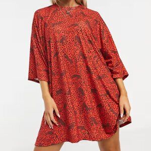 ASOS Design Oversized T-Shirt Dress, Black Red Cheetah Print